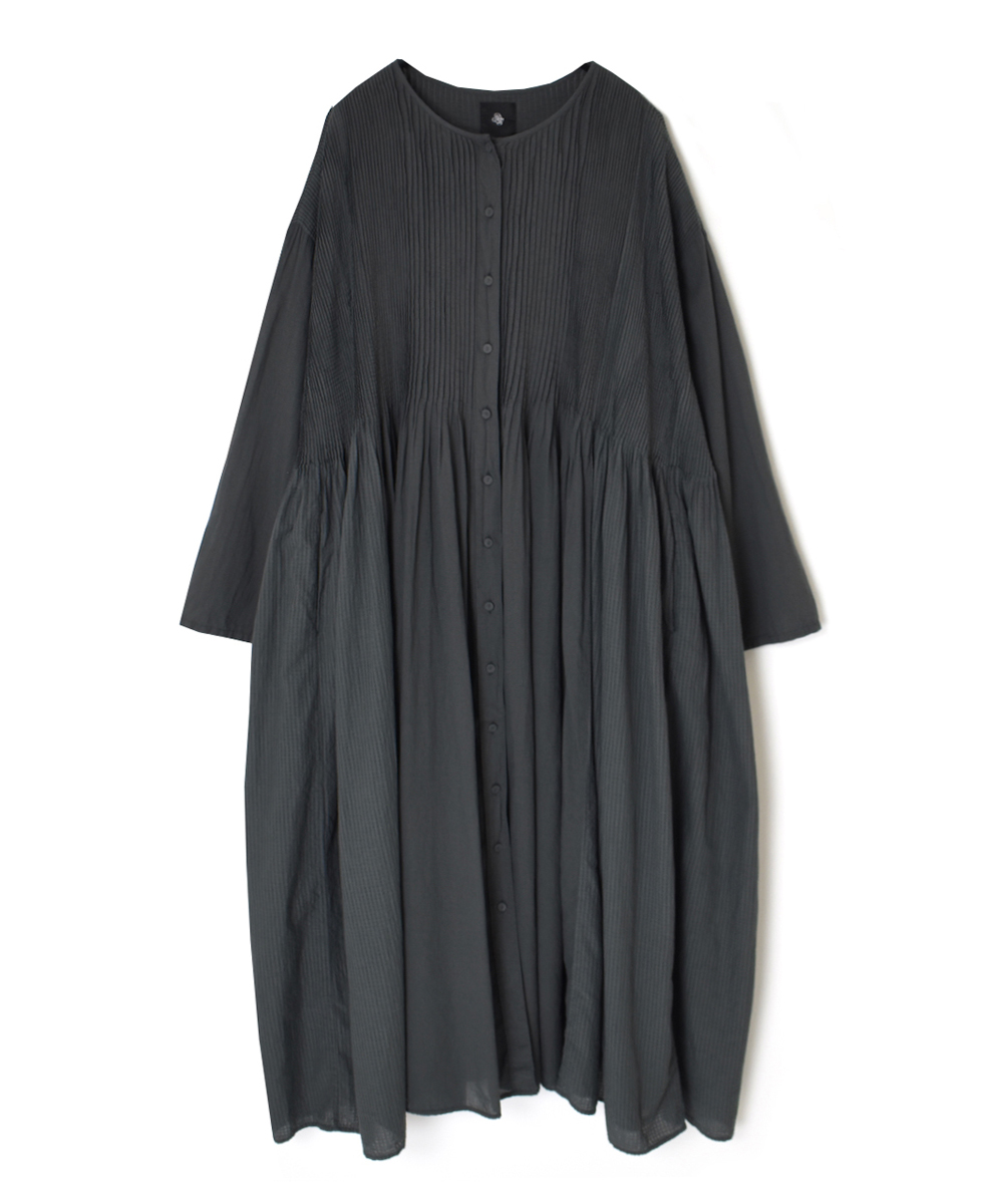 NMDS25514D(ワンピース) 80s ORGANIC COTTON SMALL CHECK&VOILE PLAIN(OVER DYE) CREW NECK BUTTON SHIRT MAXI DRESS WITH PINTUCK