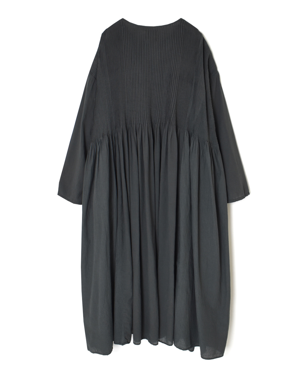NMDS25514D(ワンピース) 80s ORGANIC COTTON SMALL CHECK&VOILE PLAIN(OVER DYE) CREW NECK BUTTON SHIRT MAXI DRESS WITH PINTUCK