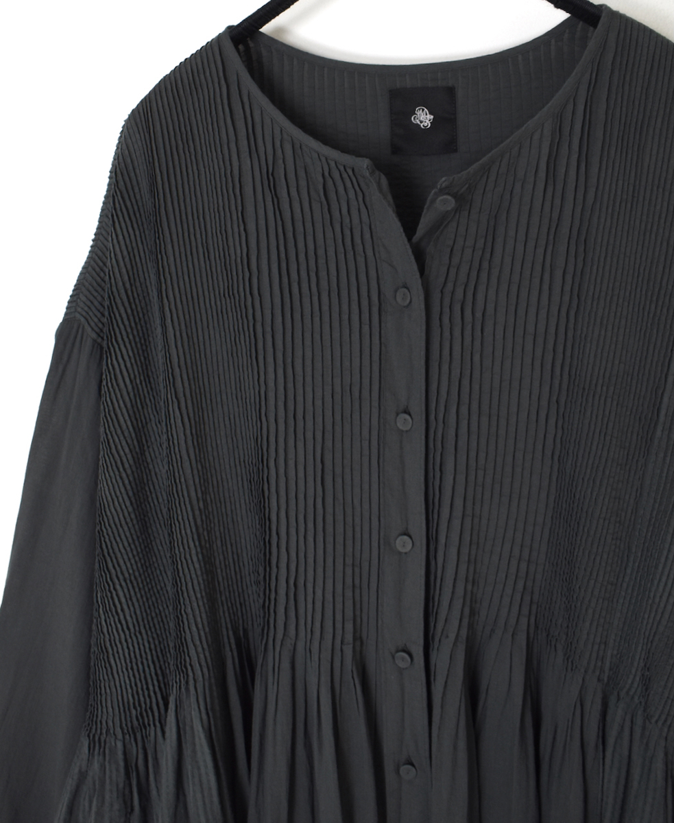 NMDS25514D(ワンピース) 80s ORGANIC COTTON SMALL CHECK&VOILE PLAIN(OVER DYE) CREW NECK BUTTON SHIRT MAXI DRESS WITH PINTUCK