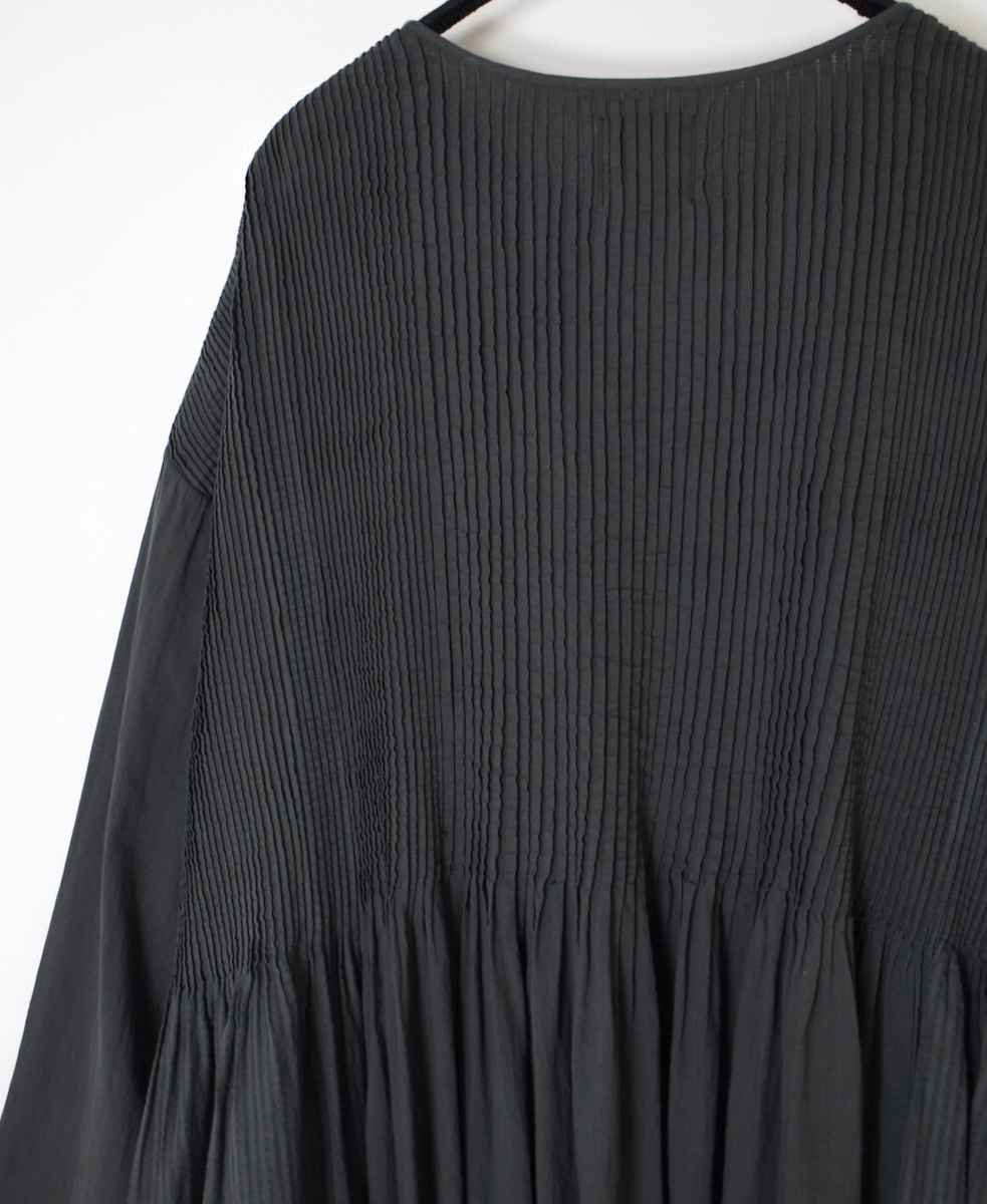 NMDS25514D(ワンピース) 80s ORGANIC COTTON SMALL CHECK&VOILE PLAIN(OVER DYE) CREW NECK BUTTON SHIRT MAXI DRESS WITH PINTUCK