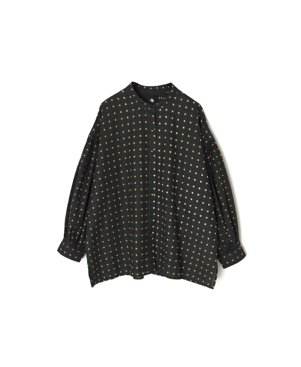 INMDS25771(シャツ) 80s COTTON VOILE CONTRAST FLOWER HAND SCREEN PRINT BANDED COLLAR SHIRT WITH MINI PINTUCK