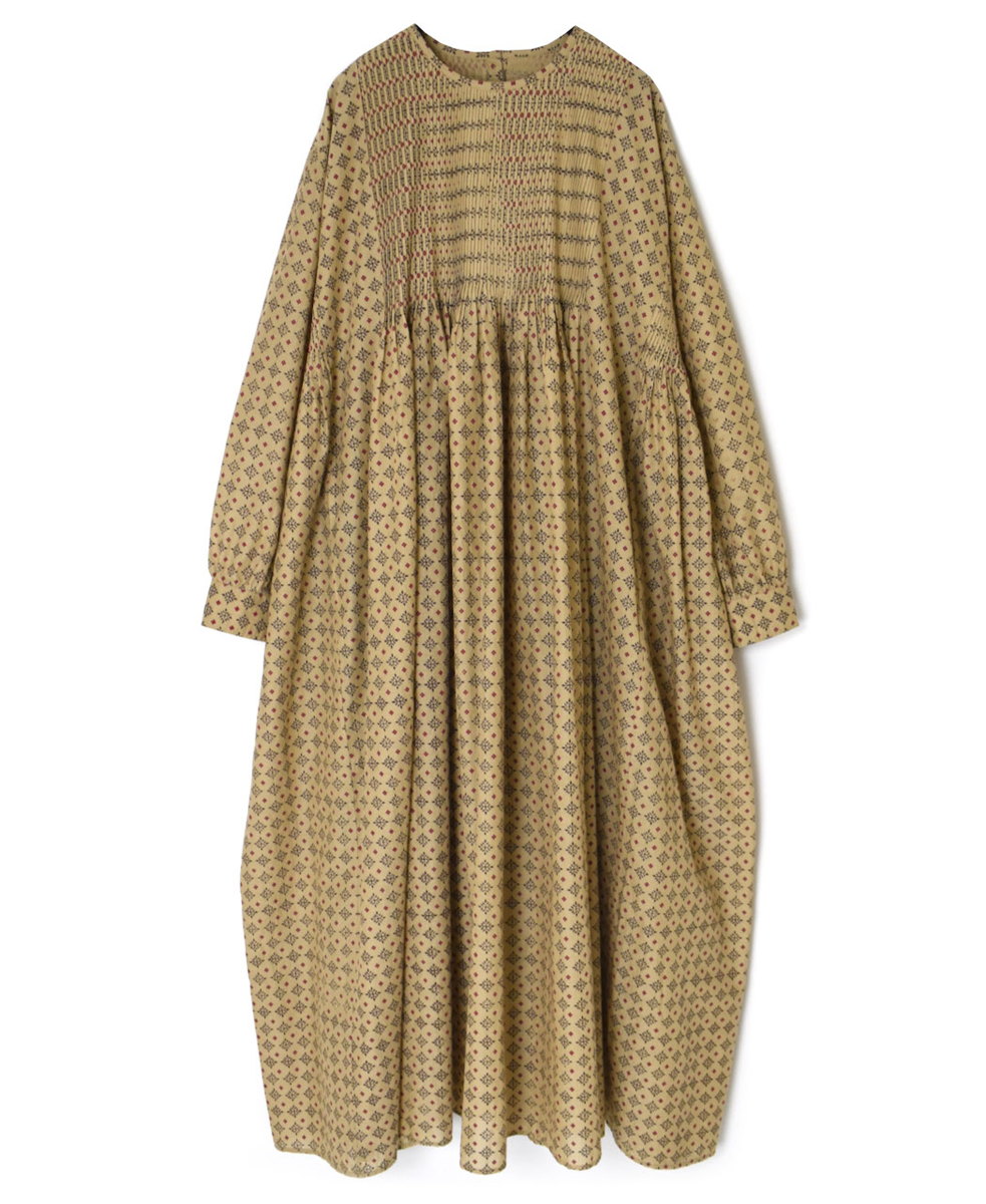 INMDS25772(ワンピース) 80s COTTON VOILE CONTRAST FLOWER HAND SCREEN PRINT CREW-NECK BACK OPENING DRESS WITH MINI PINTUCK