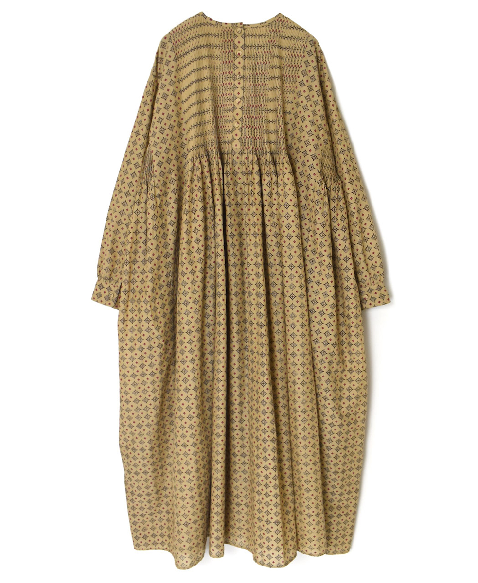 INMDS25772(ワンピース) 80s COTTON VOILE CONTRAST FLOWER HAND SCREEN PRINT CREW-NECK BACK OPENING DRESS WITH MINI PINTUCK