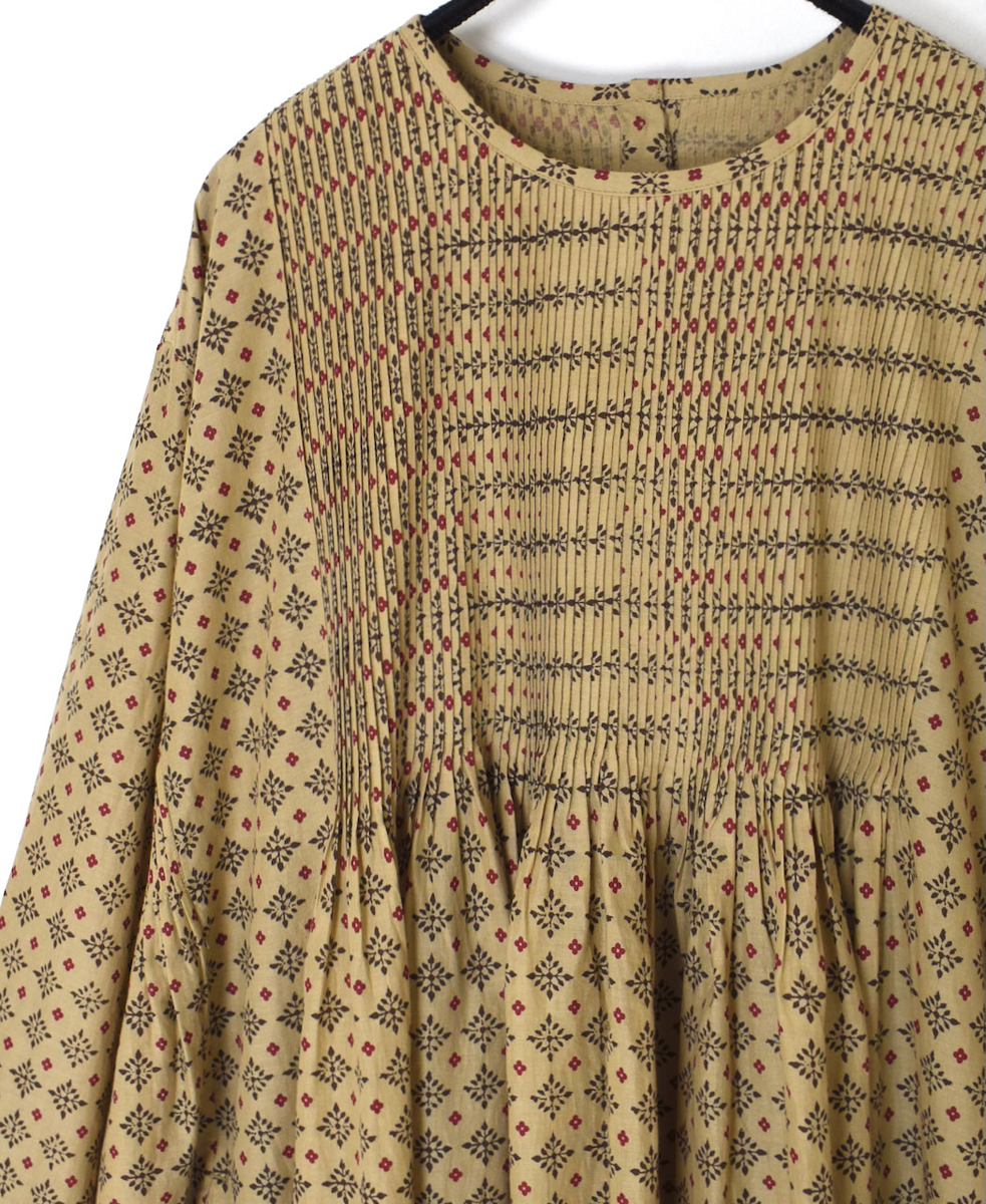 INMDS25772(ワンピース) 80s COTTON VOILE CONTRAST FLOWER HAND SCREEN PRINT CREW-NECK BACK OPENING DRESS WITH MINI PINTUCK