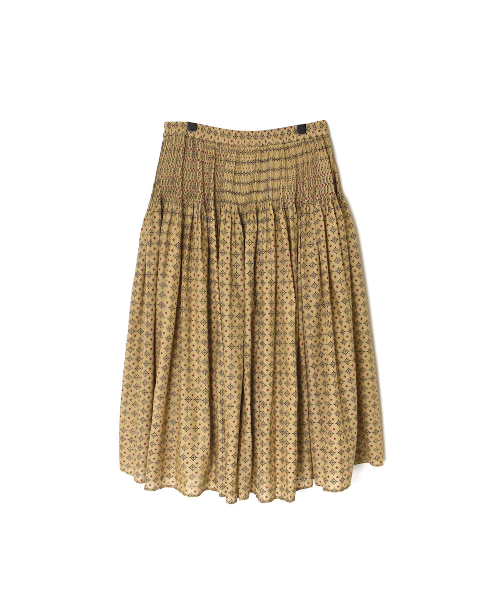 INMDS25774(スカート) 80s COTTON VOILE CONTRAST FLOWER HAND SCREEN PRINT FLARED SKIRT WITH MINI PINTUCK