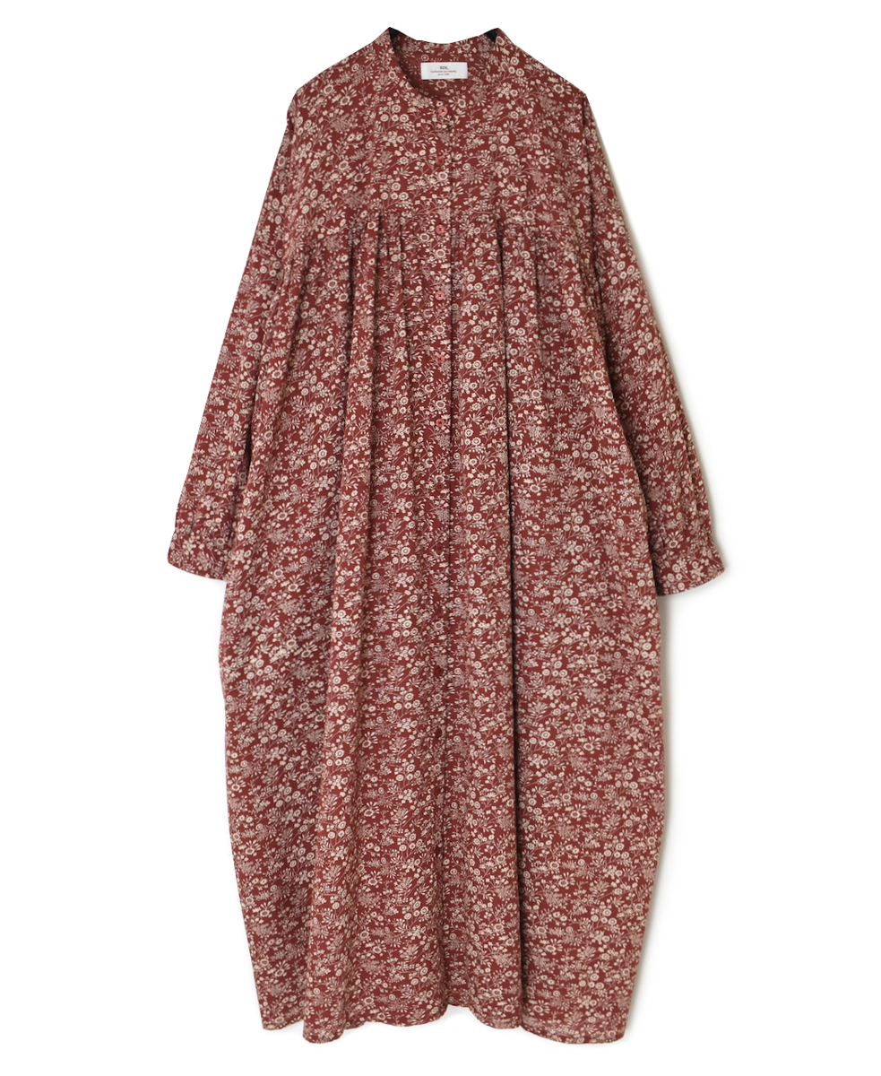 NSL25573(ワンピース) COTTON SLUB FLOWER PRINT BANDED COLLAR SHIRT DRESS WITH GATHER
