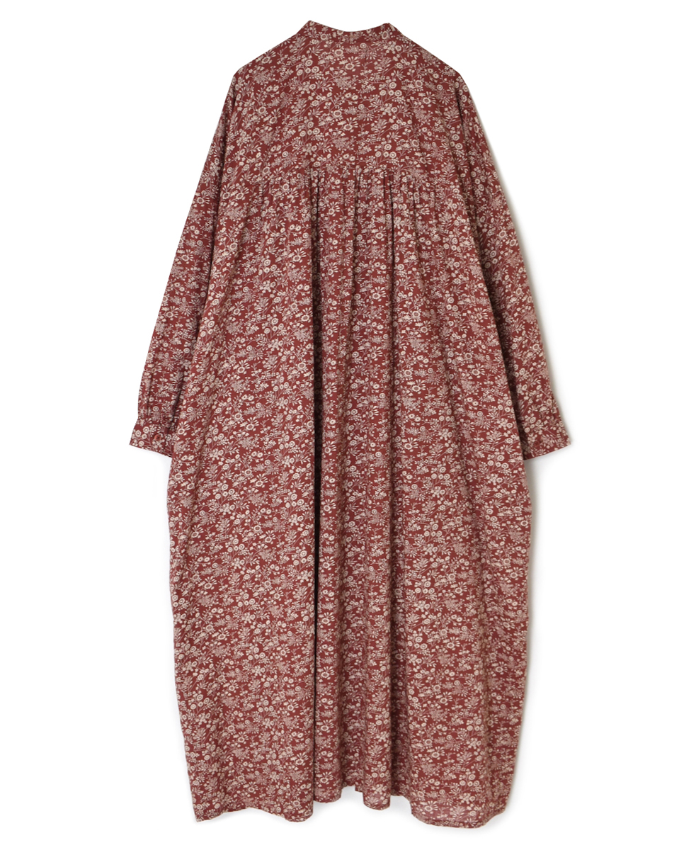 NSL25573(ワンピース) COTTON SLUB FLOWER PRINT BANDED COLLAR SHIRT DRESS WITH GATHER