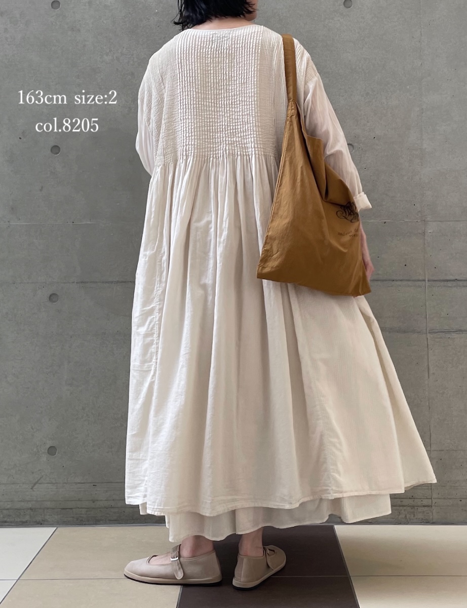 NMDS25514D(ワンピース) 80s ORGANIC COTTON SMALL CHECK&VOILE PLAIN(OVER DYE) CREW NECK BUTTON SHIRT MAXI DRESS WITH PINTUCK