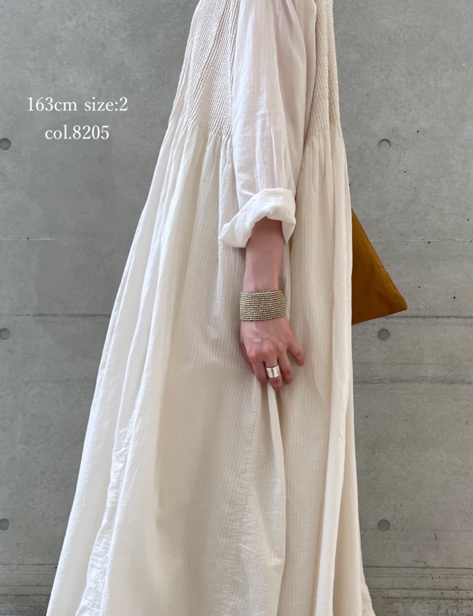 NMDS25514D(ワンピース) 80s ORGANIC COTTON SMALL CHECK&VOILE PLAIN(OVER DYE) CREW NECK BUTTON SHIRT MAXI DRESS WITH PINTUCK