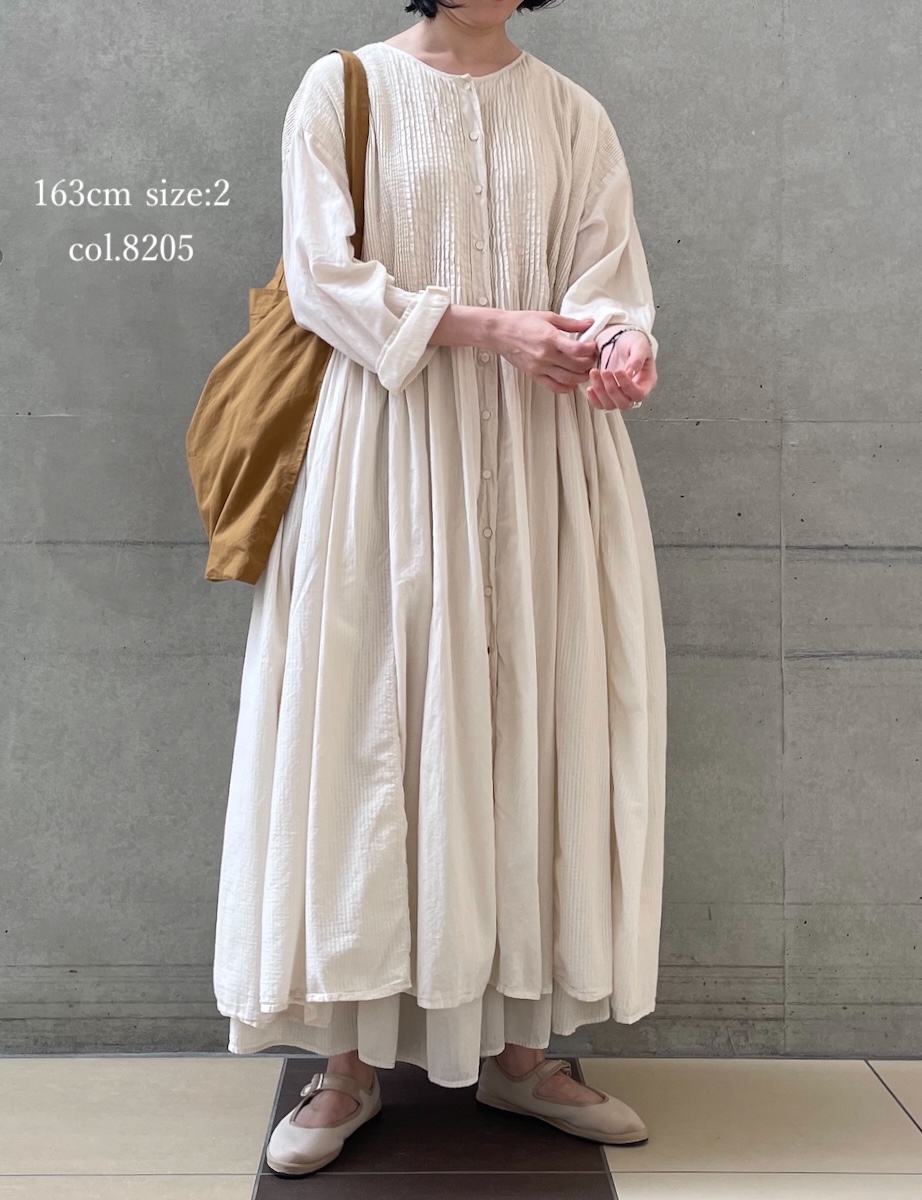 NMDS25514D(ワンピース) 80s ORGANIC COTTON SMALL CHECK&VOILE PLAIN(OVER DYE) CREW NECK BUTTON SHIRT MAXI DRESS WITH PINTUCK