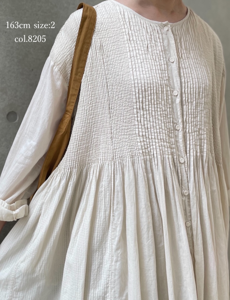 NMDS25514D(ワンピース) 80s ORGANIC COTTON SMALL CHECK&VOILE PLAIN(OVER DYE) CREW NECK BUTTON SHIRT MAXI DRESS WITH PINTUCK