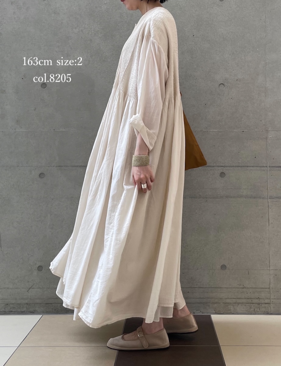 NMDS25514D(ワンピース) 80s ORGANIC COTTON SMALL CHECK&VOILE PLAIN(OVER DYE) CREW NECK BUTTON SHIRT MAXI DRESS WITH PINTUCK