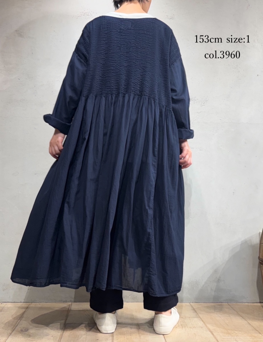 NMDS25514D(ワンピース) 80s ORGANIC COTTON SMALL CHECK&VOILE PLAIN(OVER DYE) CREW NECK BUTTON SHIRT MAXI DRESS WITH PINTUCK
