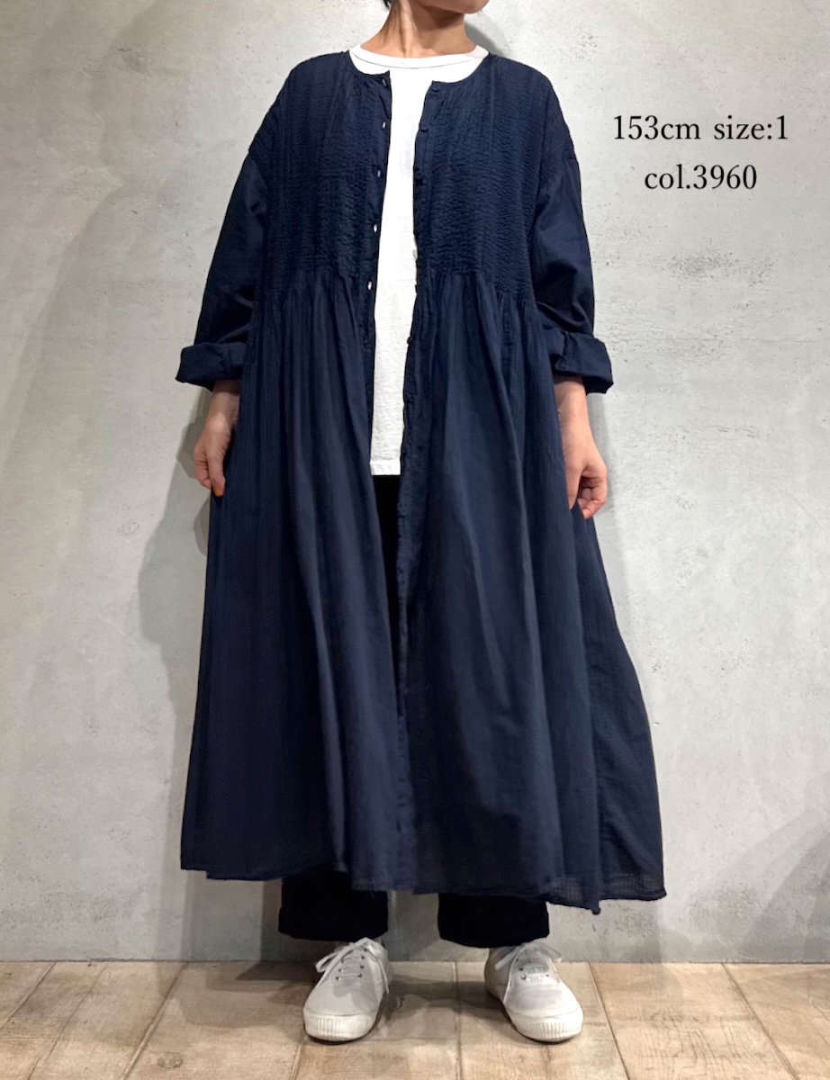 NMDS25514D(ワンピース) 80s ORGANIC COTTON SMALL CHECK&VOILE PLAIN(OVER DYE) CREW NECK BUTTON SHIRT MAXI DRESS WITH PINTUCK