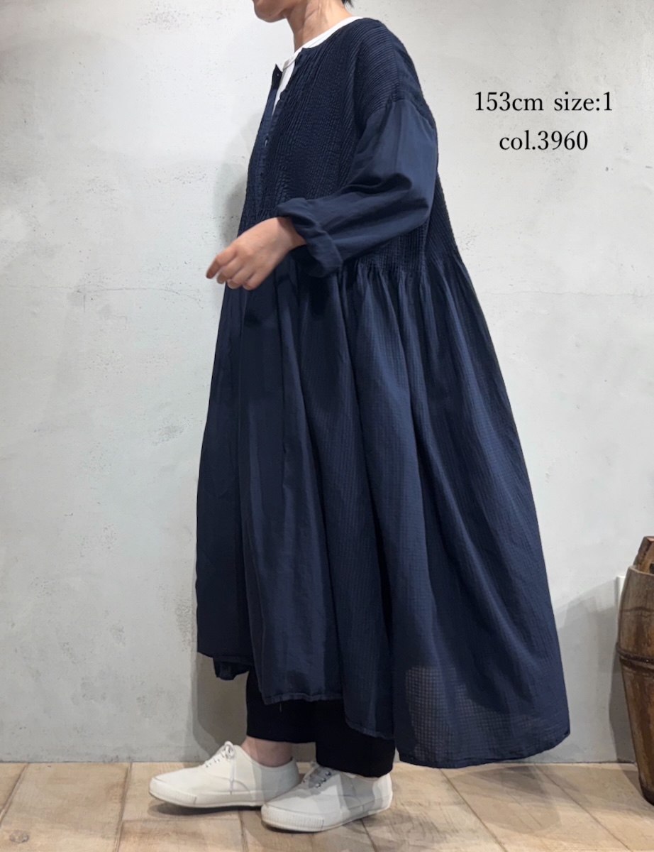 NMDS25514D(ワンピース) 80s ORGANIC COTTON SMALL CHECK&VOILE PLAIN(OVER DYE) CREW NECK BUTTON SHIRT MAXI DRESS WITH PINTUCK