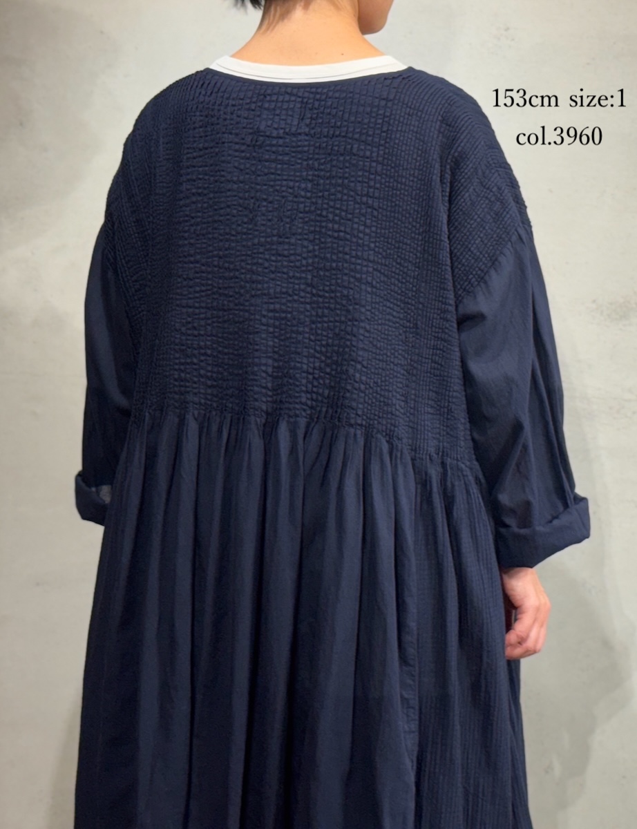 NMDS25514D(ワンピース) 80s ORGANIC COTTON SMALL CHECK&VOILE PLAIN(OVER DYE) CREW NECK BUTTON SHIRT MAXI DRESS WITH PINTUCK