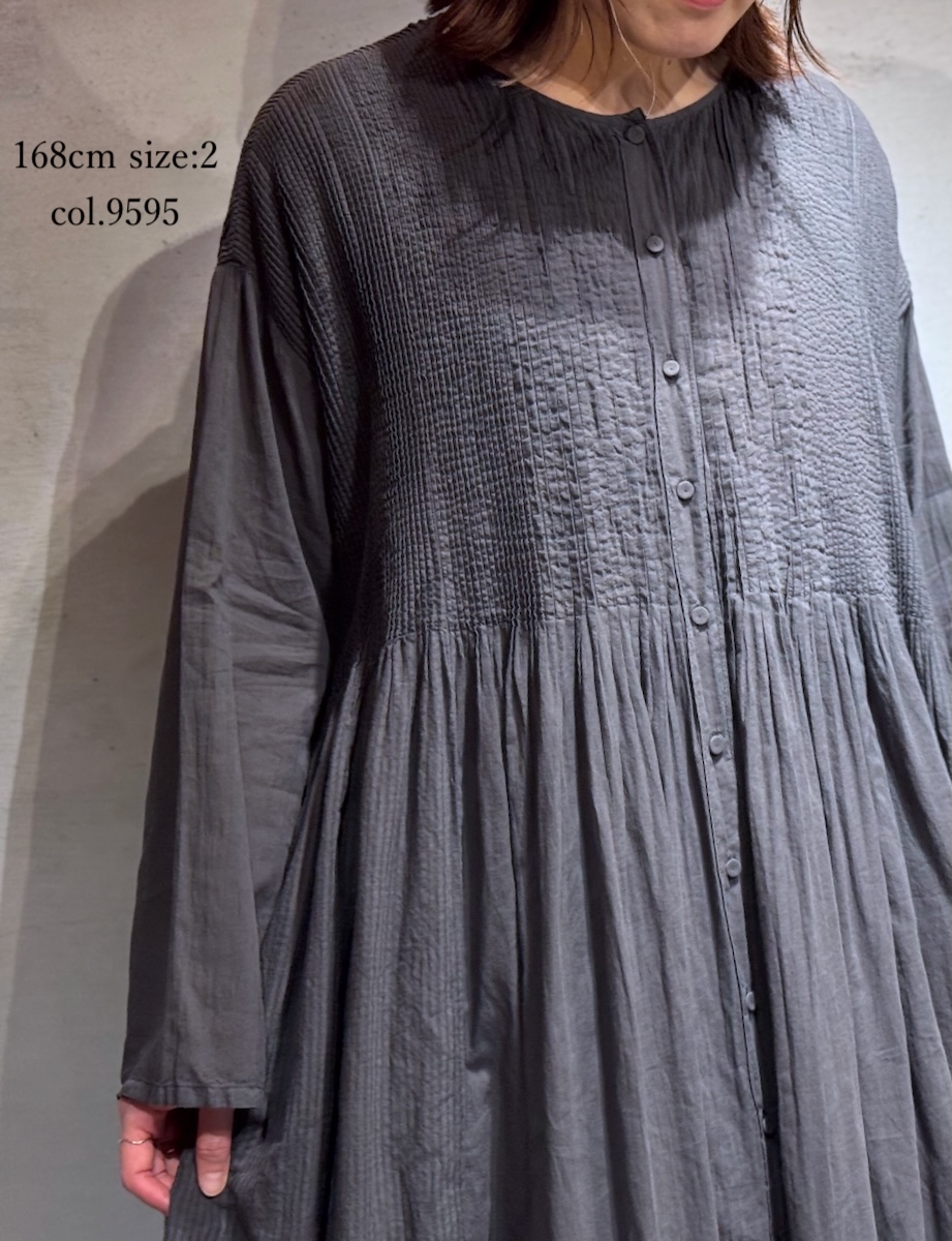 NMDS25514D(ワンピース) 80s ORGANIC COTTON SMALL CHECK&VOILE PLAIN(OVER DYE) CREW NECK BUTTON SHIRT MAXI DRESS WITH PINTUCK