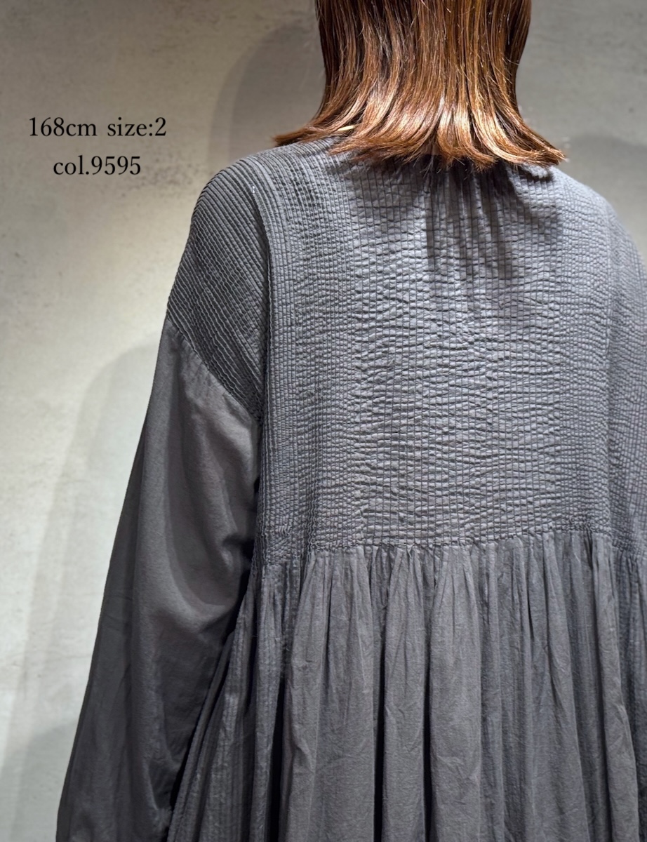 NMDS25514D(ワンピース) 80s ORGANIC COTTON SMALL CHECK&VOILE PLAIN(OVER DYE) CREW NECK BUTTON SHIRT MAXI DRESS WITH PINTUCK