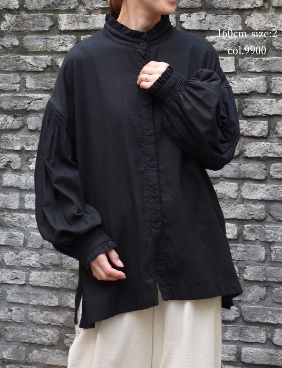 INMDS24702W(シャツ) TWILL COTTON KHADI PLAIN(WASH) FRILL COLLAR SHIRT WITH MINI PINTUCK