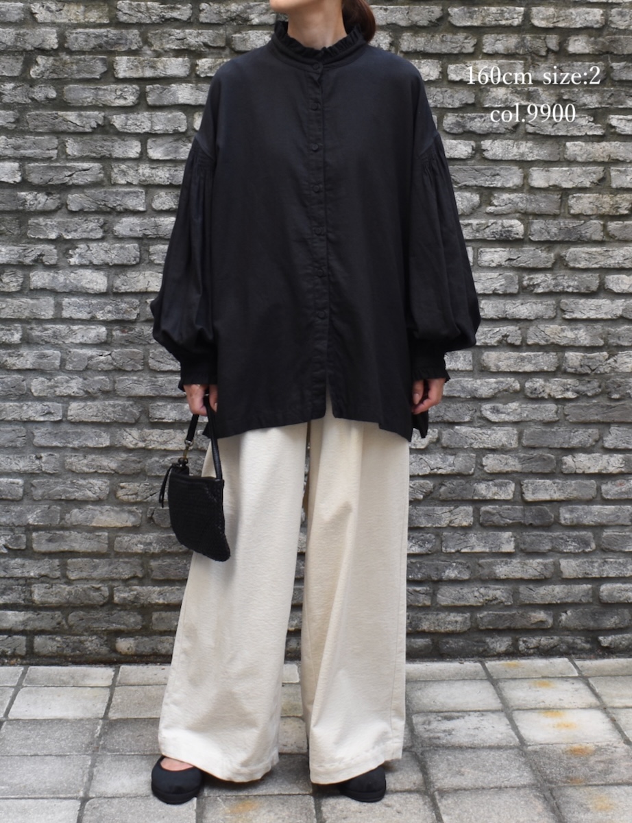 INMDS24702W(シャツ) TWILL COTTON KHADI PLAIN(WASH) FRILL COLLAR SHIRT WITH MINI PINTUCK