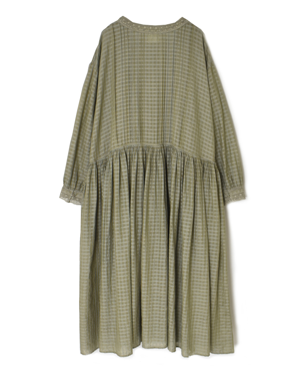 INMDS25714(ワンピース) HANDWOVEN COTTON/SILK SELF CHECK LACE COLLAR DRESS WITH PINTUCK