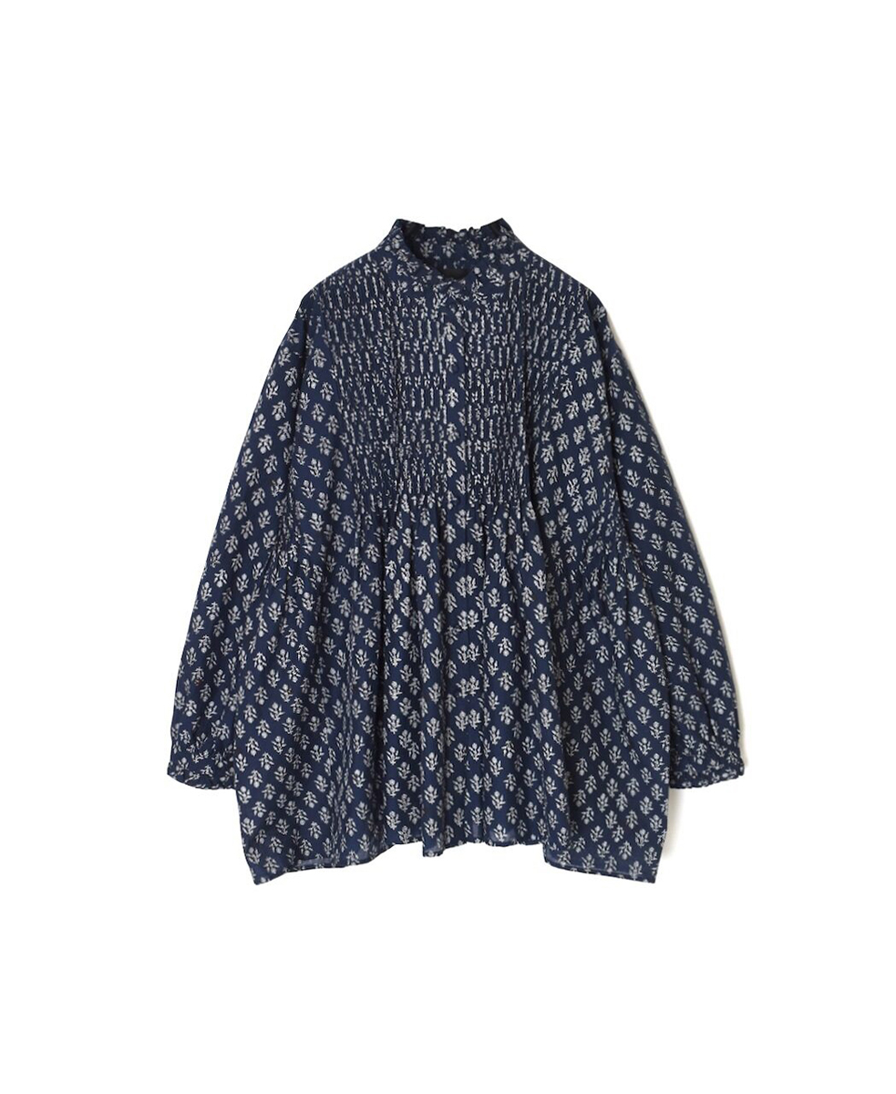 NMDS25551(シャツ) 80s COTTON VOILE FLOWER BLOCK PRINT FRILL COLLAR PINTUCK SHIRT