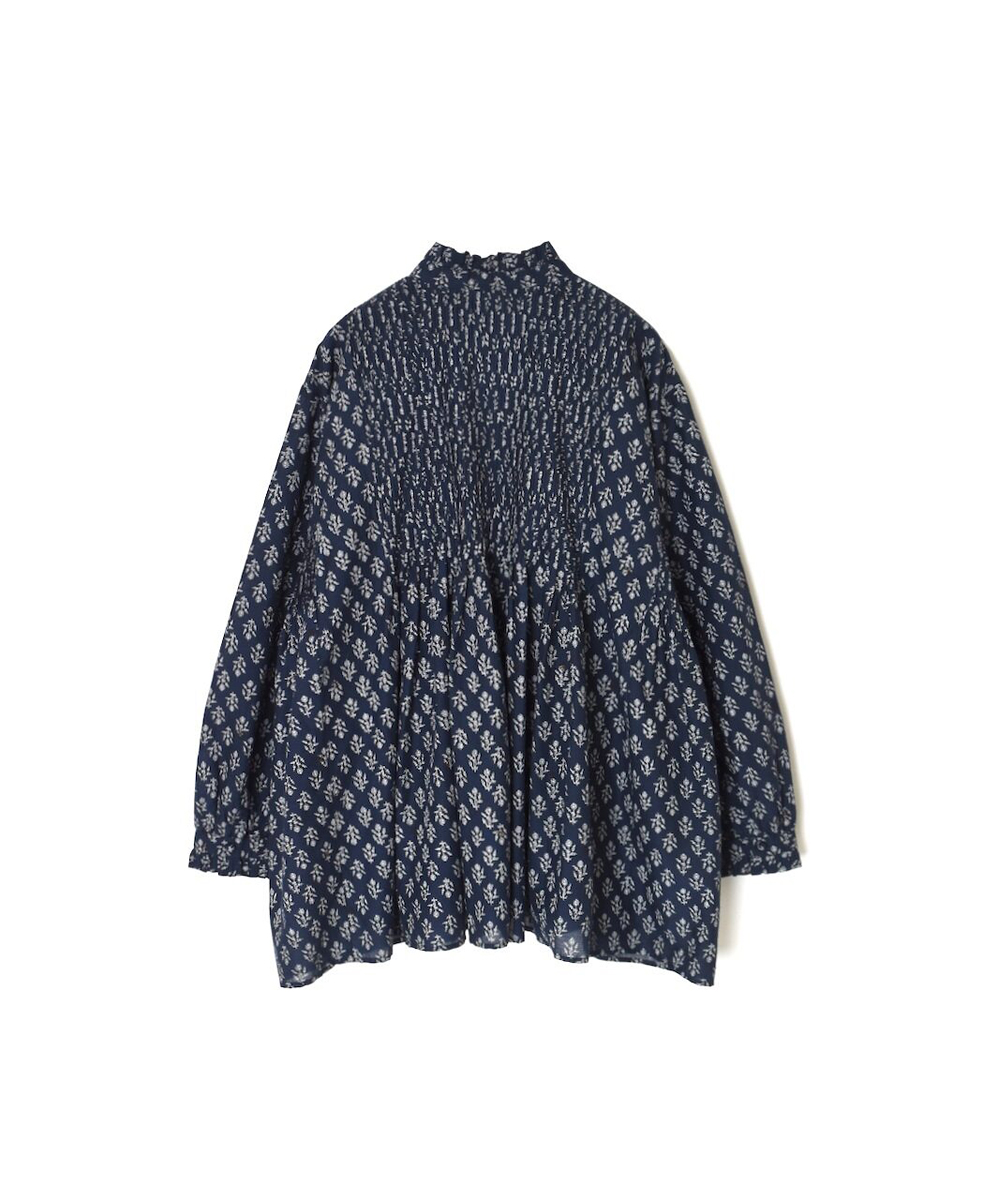 NMDS25551(シャツ) 80s COTTON VOILE FLOWER BLOCK PRINT FRILL COLLAR PINTUCK SHIRT