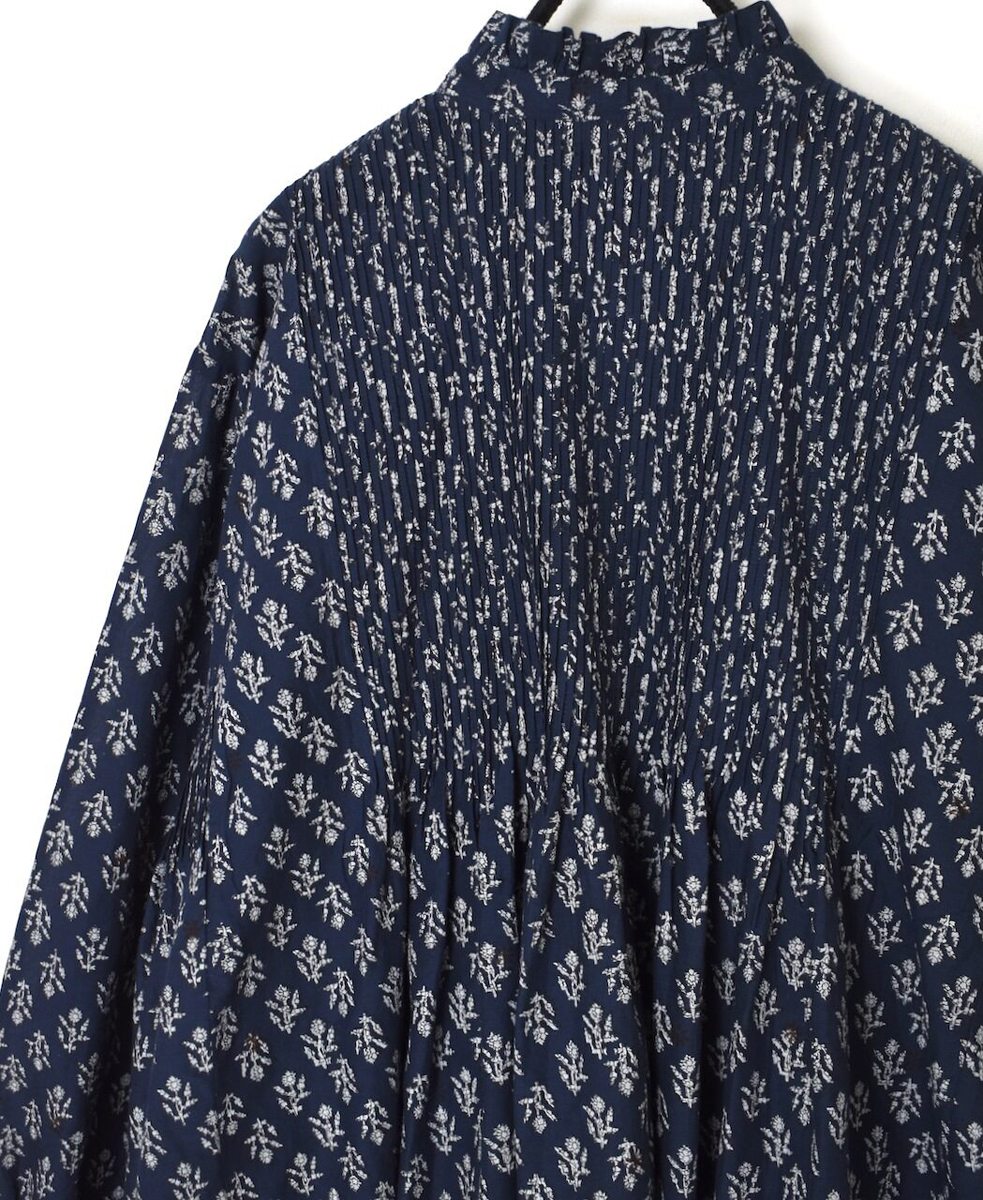 NMDS25551(シャツ) 80s COTTON VOILE FLOWER BLOCK PRINT FRILL COLLAR PINTUCK SHIRT