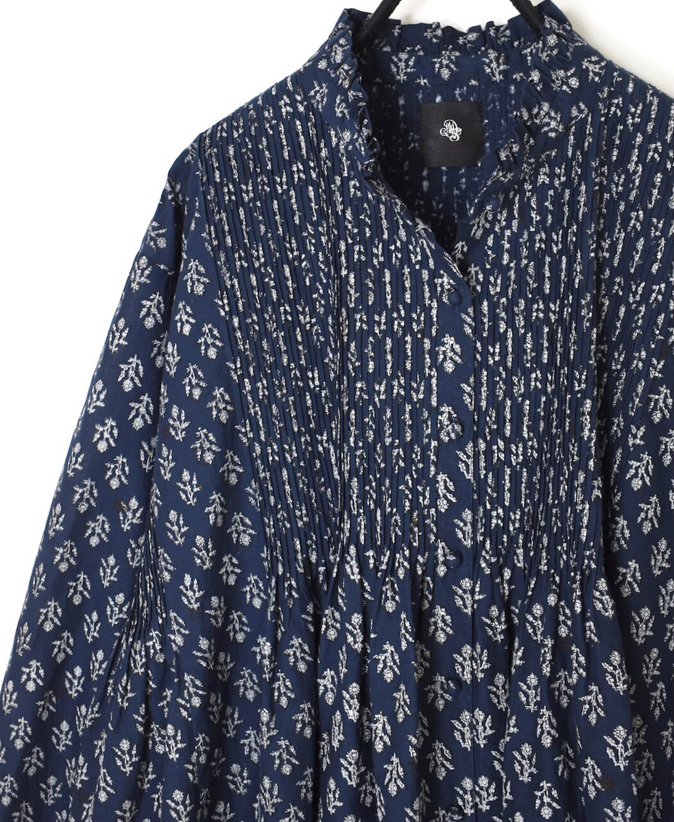 NMDS25551(シャツ) 80s COTTON VOILE FLOWER BLOCK PRINT FRILL COLLAR PINTUCK SHIRT