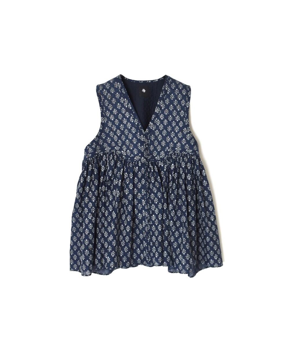 NMDS25552(シャツ) 80s COTTON VOILE FLOWER BLOCK PRINT RAJASTHAN TUCK GATHERED V-NECK NO/SL SHIRT