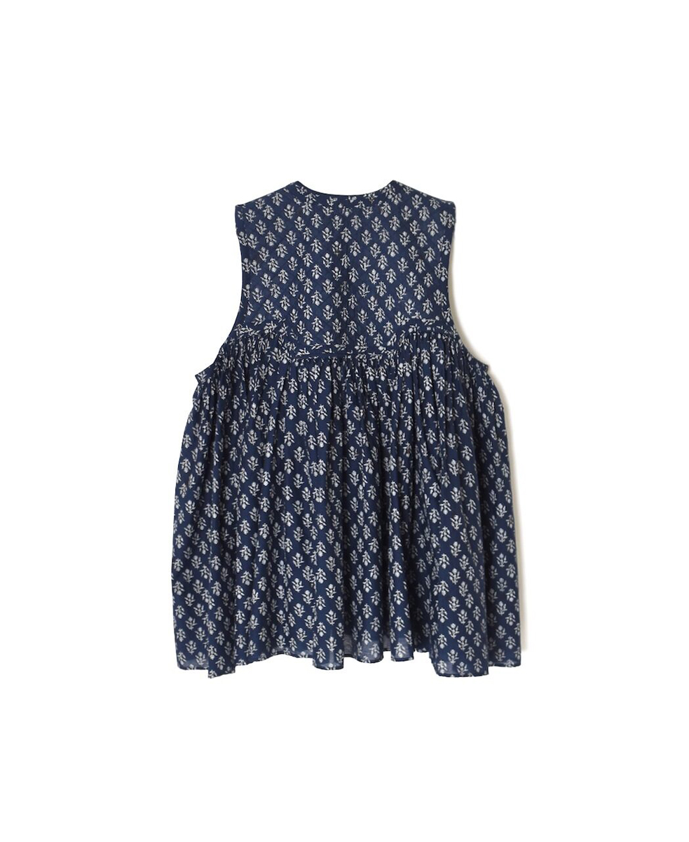 NMDS25552(シャツ) 80s COTTON VOILE FLOWER BLOCK PRINT RAJASTHAN TUCK GATHERED V-NECK NO/SL SHIRT