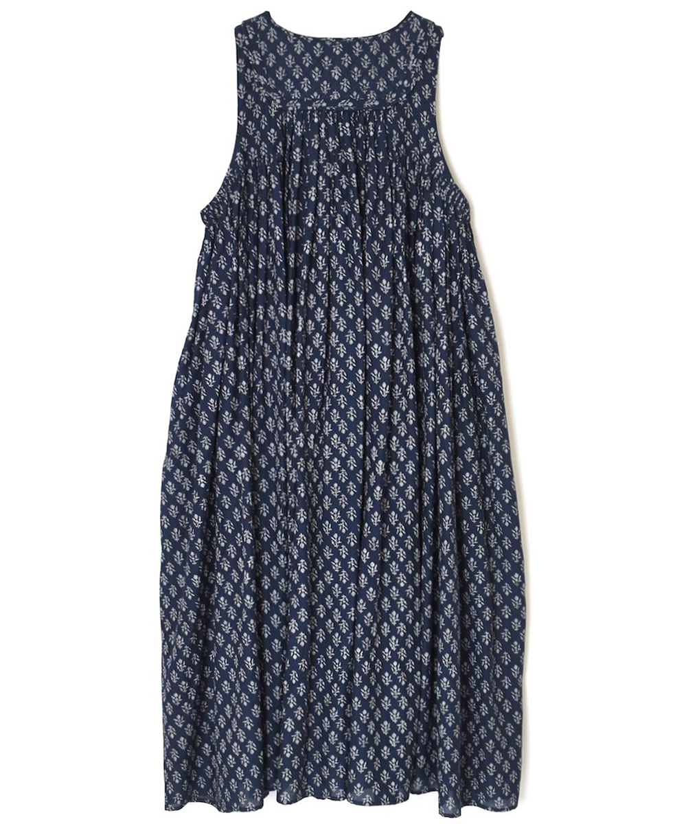NMDS25553(ワンピース) 80s COTTON VOILE FLOWER BLOCK PRINT RAJASTHAN TUCK GATHERED NO/SL QUILTING DRESS