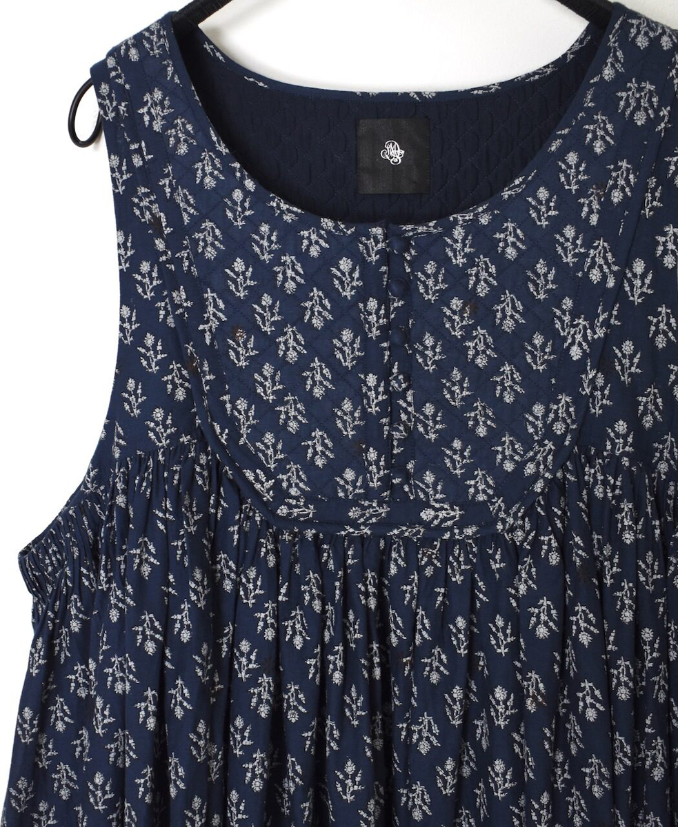 NMDS25553(ワンピース) 80s COTTON VOILE FLOWER BLOCK PRINT RAJASTHAN TUCK GATHERED NO/SL QUILTING DRESS