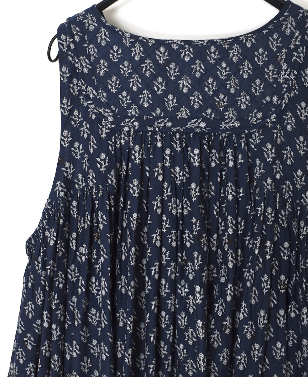 NMDS25553(ワンピース) 80s COTTON VOILE FLOWER BLOCK PRINT RAJASTHAN TUCK GATHERED NO/SL QUILTING DRESS