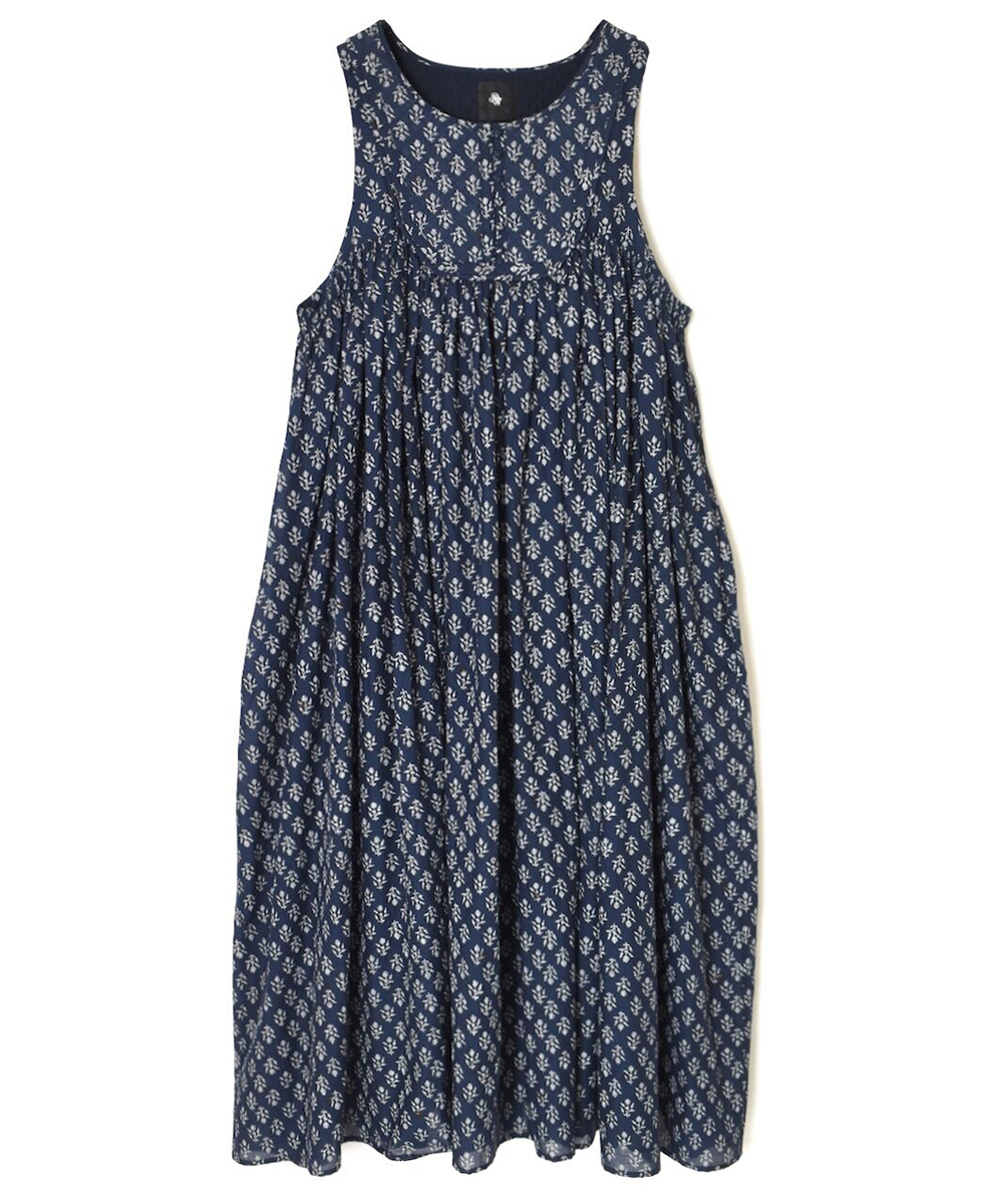 NMDS25553(ワンピース) 80s COTTON VOILE FLOWER BLOCK PRINT RAJASTHAN TUCK GATHERED NO/SL QUILTING DRESS