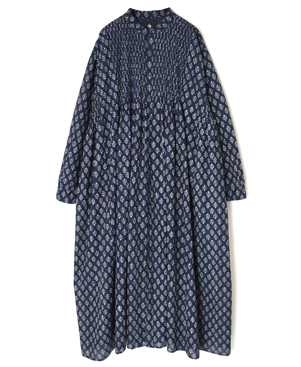 NMDS25554(ワンピース) 80s COTTON VOILE FLOWER BLOCK PRINT MINI PINTUCK BANDED COLLAR SHIRT DRESS