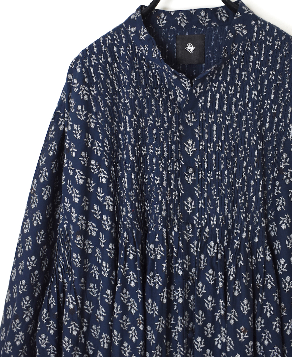 NMDS25554(ワンピース) 80s COTTON VOILE FLOWER BLOCK PRINT MINI PINTUCK BANDED COLLAR SHIRT DRESS