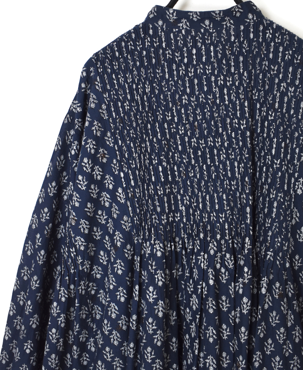 NMDS25554(ワンピース) 80s COTTON VOILE FLOWER BLOCK PRINT MINI PINTUCK BANDED COLLAR SHIRT DRESS