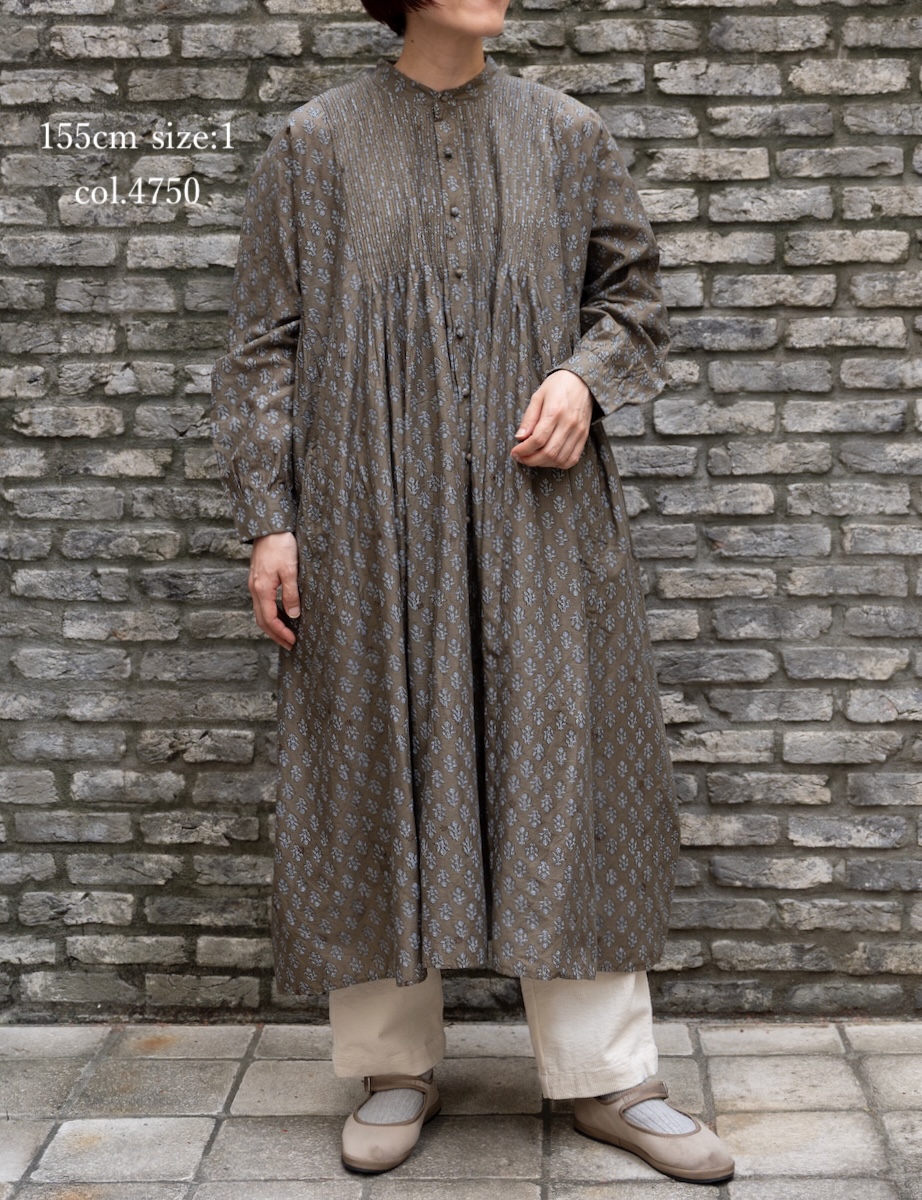 NMDS25554(ワンピース) 80s COTTON VOILE FLOWER BLOCK PRINT MINI PINTUCK BANDED COLLAR SHIRT DRESS
