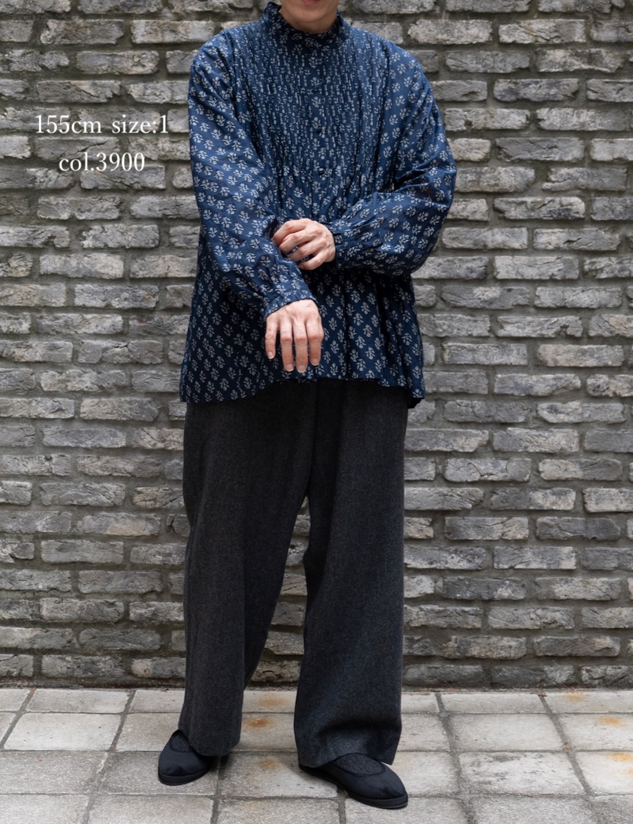 NMDS25551(シャツ) 80s COTTON VOILE FLOWER BLOCK PRINT FRILL COLLAR PINTUCK SHIRT
