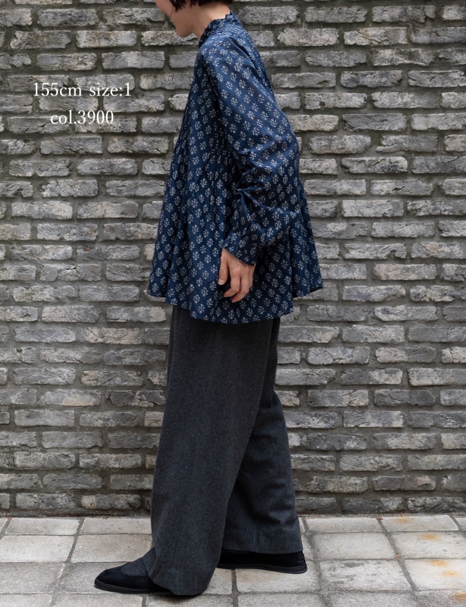 NMDS25551(シャツ) 80s COTTON VOILE FLOWER BLOCK PRINT FRILL COLLAR PINTUCK SHIRT