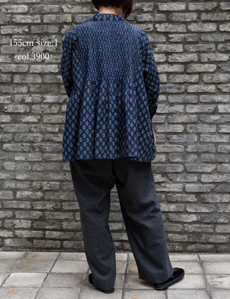 NMDS25551(シャツ) 80s COTTON VOILE FLOWER BLOCK PRINT FRILL COLLAR PINTUCK SHIRT