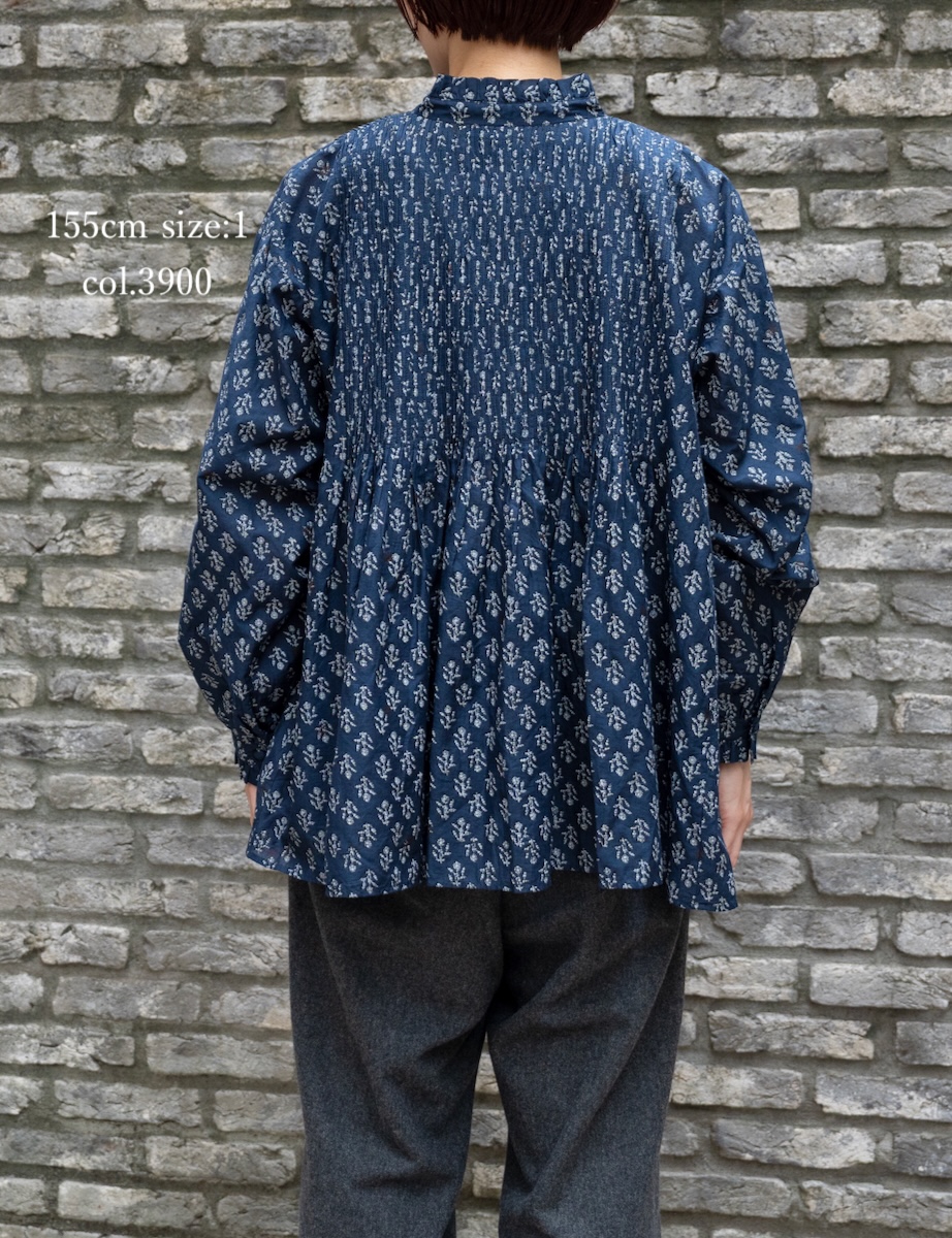 NMDS25551(シャツ) 80s COTTON VOILE FLOWER BLOCK PRINT FRILL COLLAR PINTUCK SHIRT