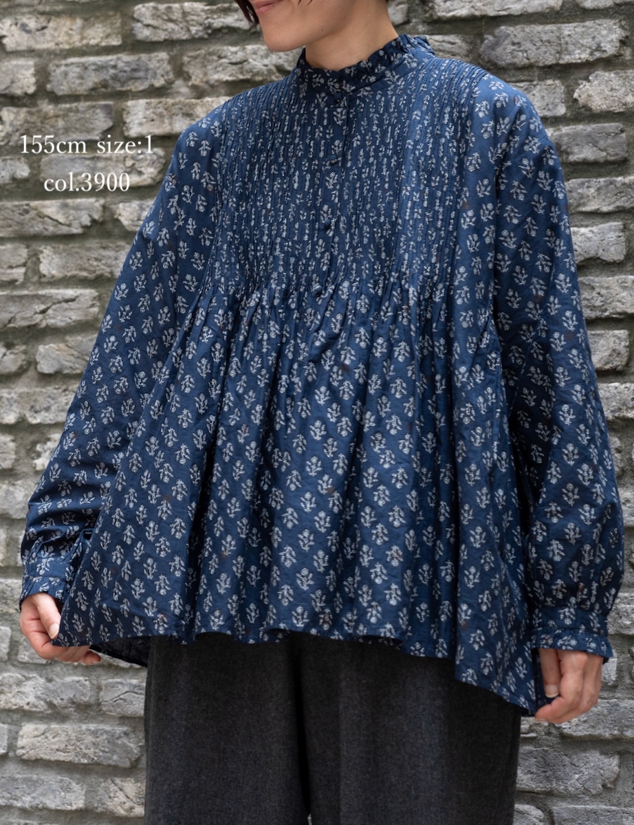 NMDS25551(シャツ) 80s COTTON VOILE FLOWER BLOCK PRINT FRILL COLLAR PINTUCK SHIRT