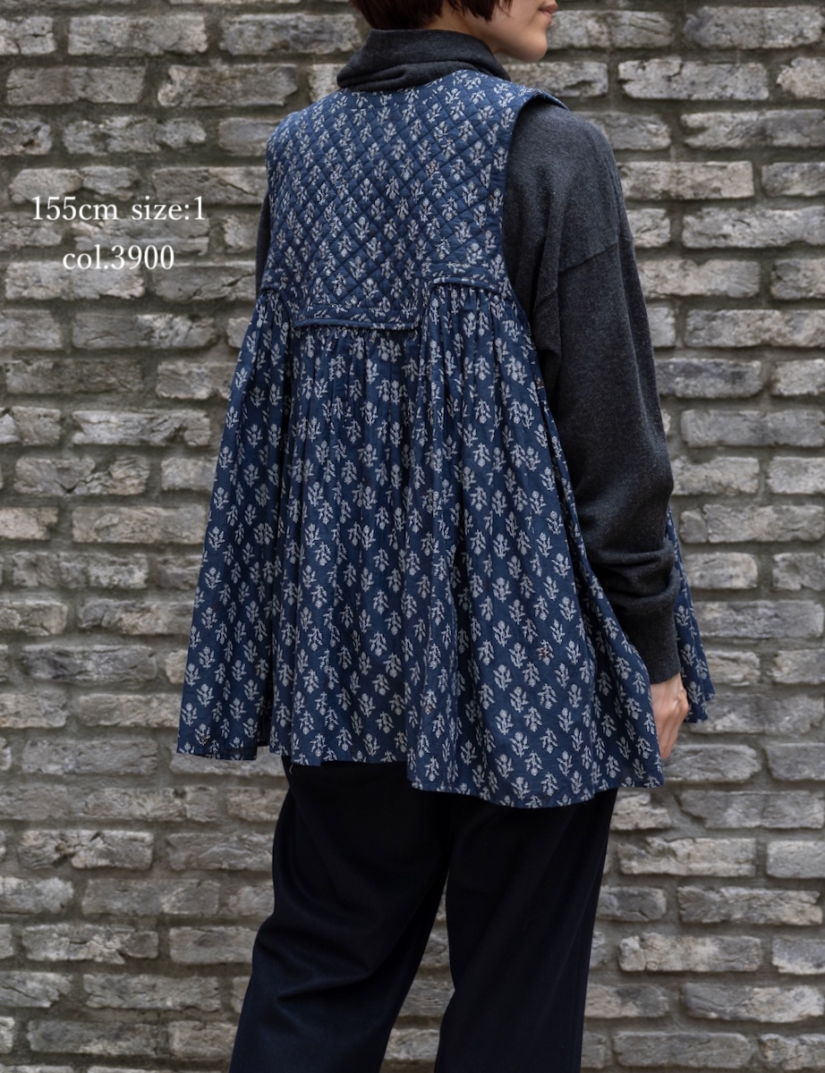 NMDS25552(シャツ) 80s COTTON VOILE FLOWER BLOCK PRINT RAJASTHAN TUCK GATHERED V-NECK NO/SL SHIRT