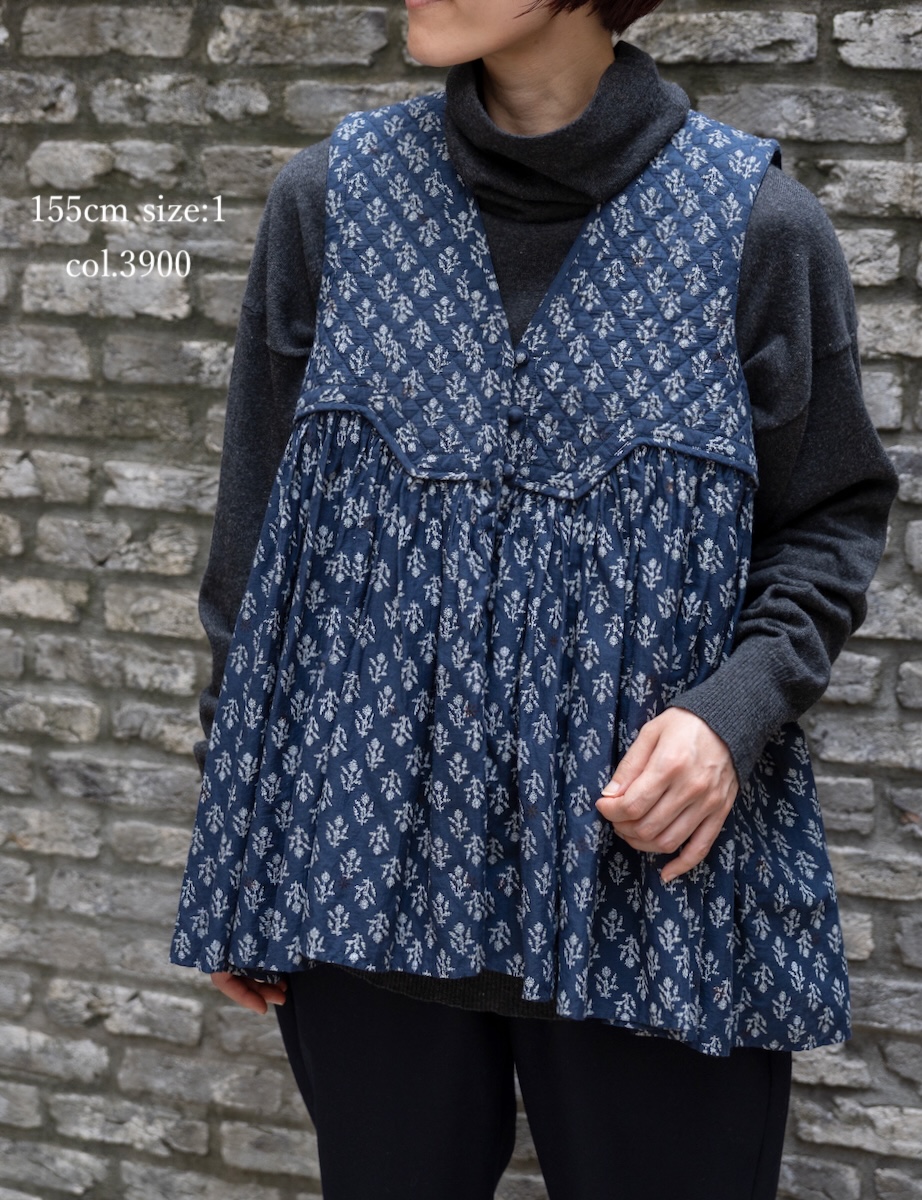 NMDS25552(シャツ) 80s COTTON VOILE FLOWER BLOCK PRINT RAJASTHAN TUCK GATHERED V-NECK NO/SL SHIRT
