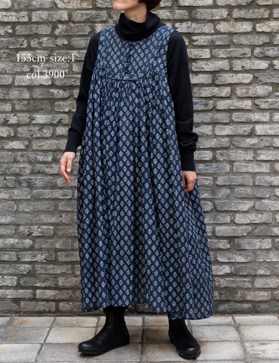 NMDS25553(ワンピース) 80s COTTON VOILE FLOWER BLOCK PRINT RAJASTHAN TUCK GATHERED NO/SL QUILTING DRESS