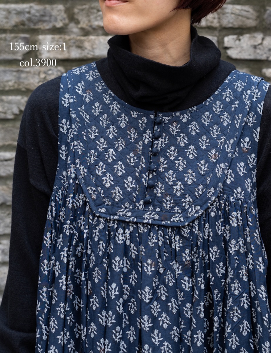 NMDS25553(ワンピース) 80s COTTON VOILE FLOWER BLOCK PRINT RAJASTHAN TUCK GATHERED NO/SL QUILTING DRESS