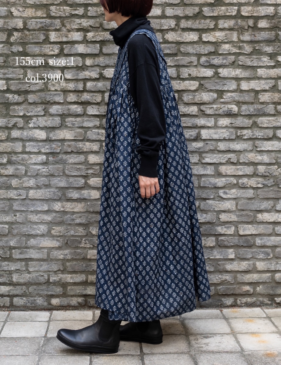 NMDS25553(ワンピース) 80s COTTON VOILE FLOWER BLOCK PRINT RAJASTHAN TUCK GATHERED NO/SL QUILTING DRESS
