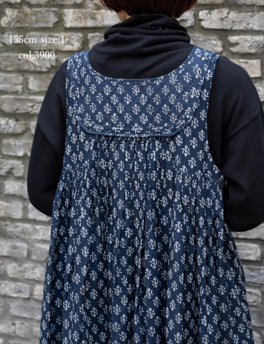 NMDS25553(ワンピース) 80s COTTON VOILE FLOWER BLOCK PRINT RAJASTHAN TUCK GATHERED NO/SL QUILTING DRESS
